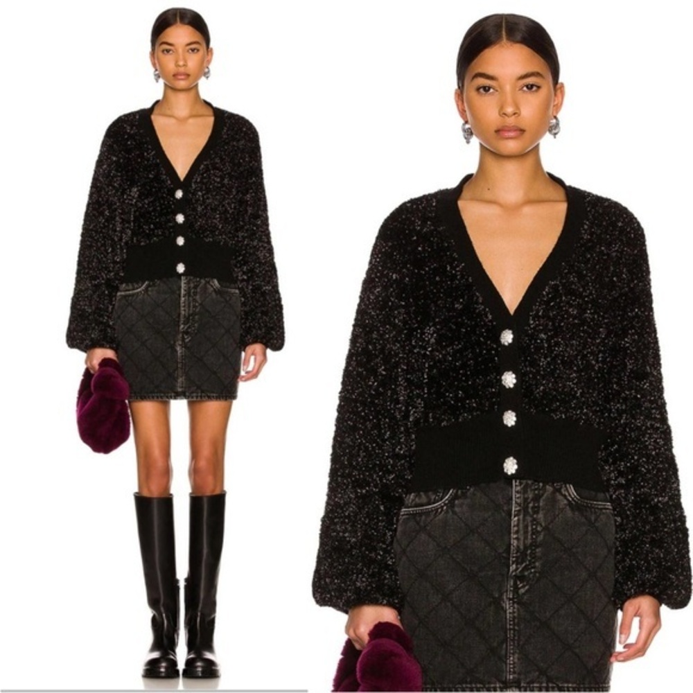 GANNI Cardigan Puff Sleeve Embellished Buttons in Black Sparkle